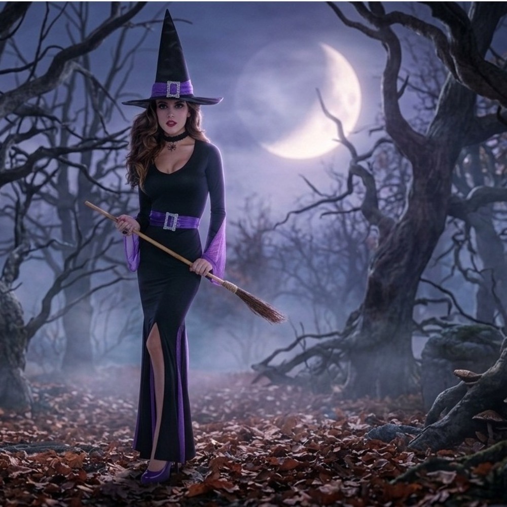 Witchy Witch Bruji-Bruja Costume Set Dress Hat Belt Black Purple Adult Large